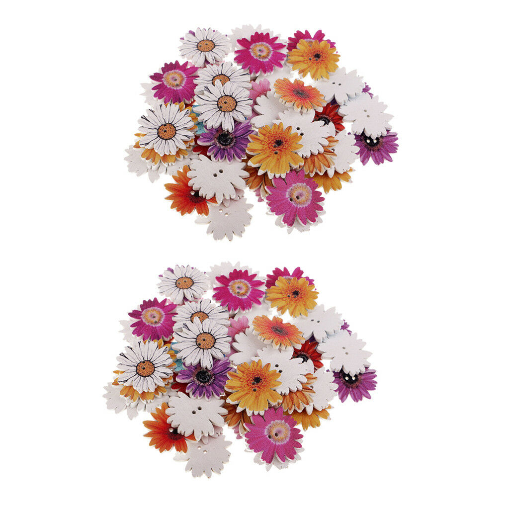 100x Mixed Daisy Flower Wooden Decorative Craft Buttons for Decoration 25mm