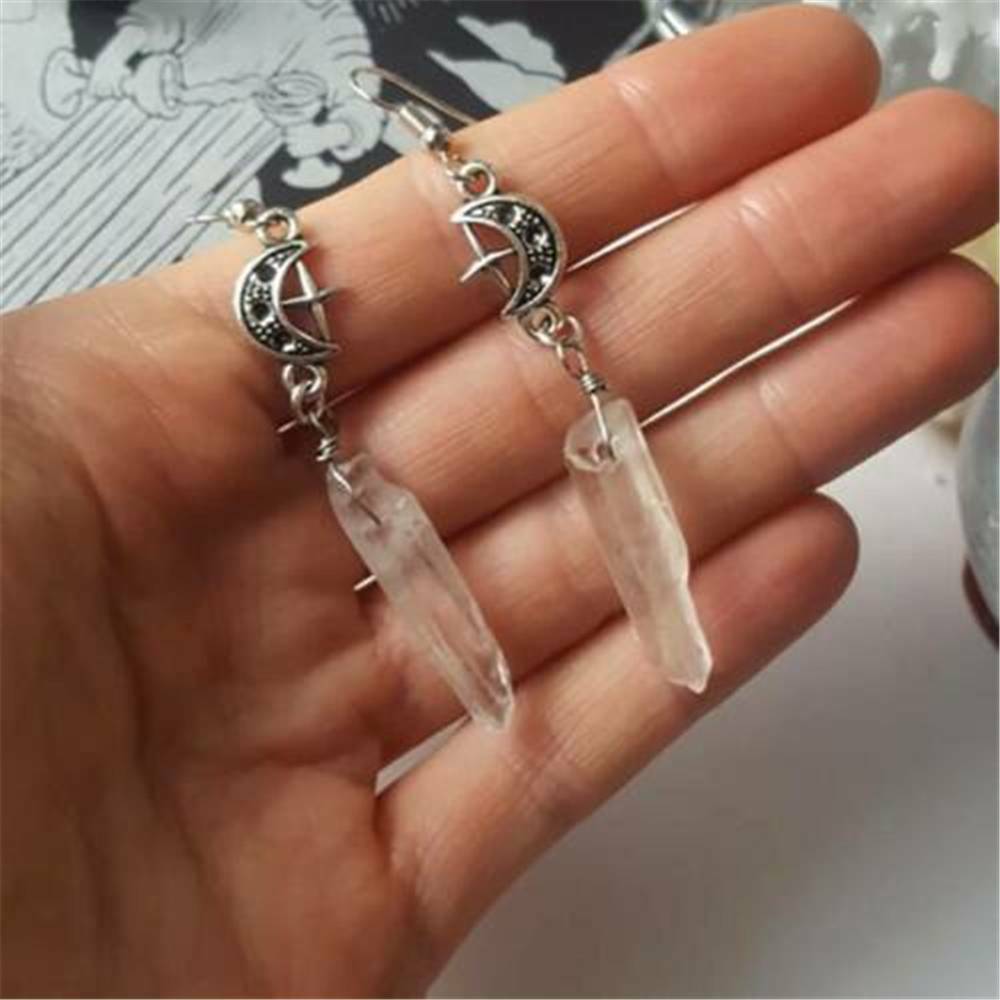 Crescent Moon Natural Clear Quartz Crystal Earrings Gothic Accessories Jewelry