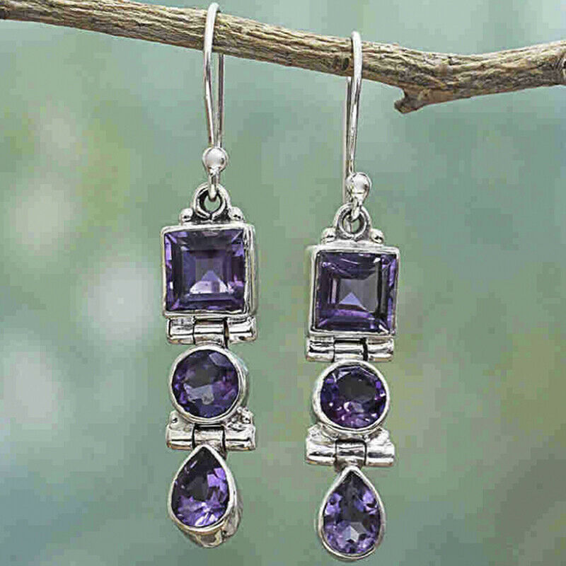 Boho Purple Ear Stud Sliver Plated Crystal Dangle Hook Drop Earrings Jewe.l8