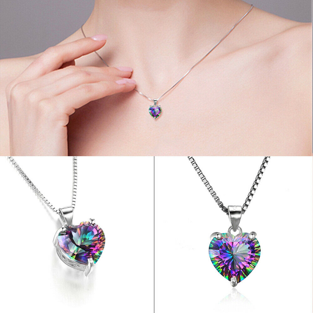 Rainbow Crystal Love Heart Angel Wings Pendant Women Necklace Jewelry Gift UK