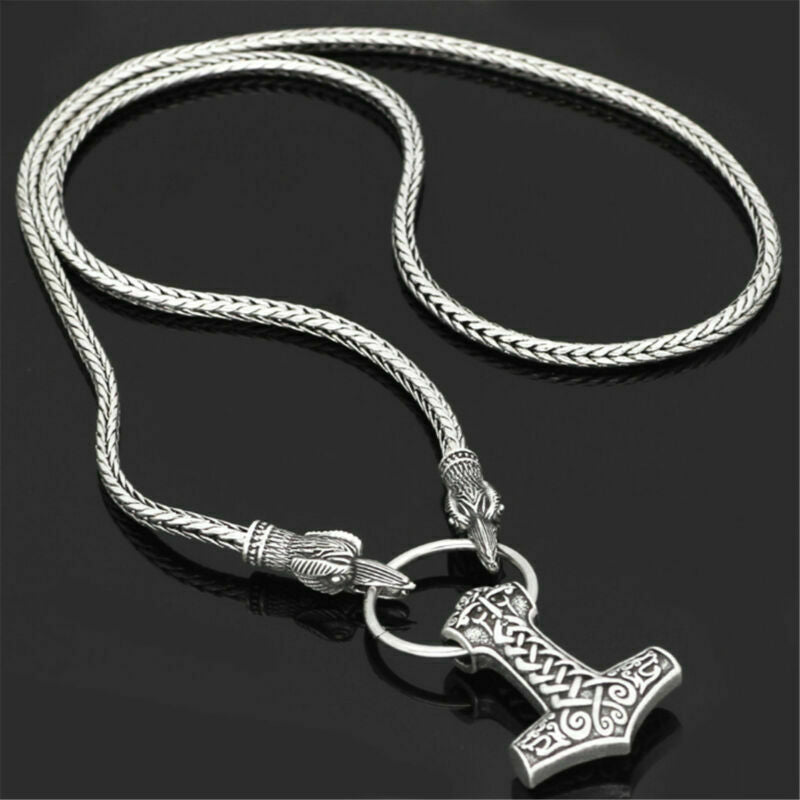 Men's Norse Viking Odin's Crow Chain&Thor Hammer Mjolnir Pendant Necklace Gift