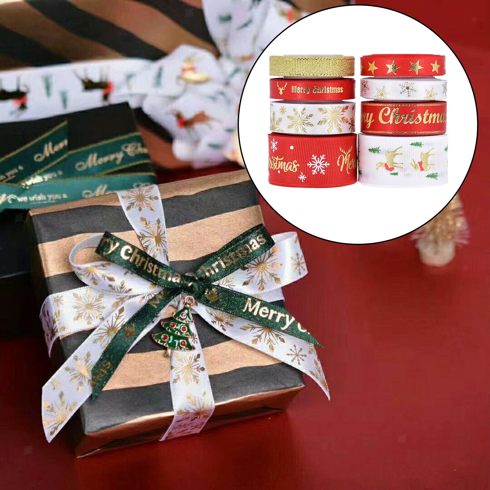 8x Christmas Ribbon Grosgrain Trimming Xmas Gift Wrapping Package Party