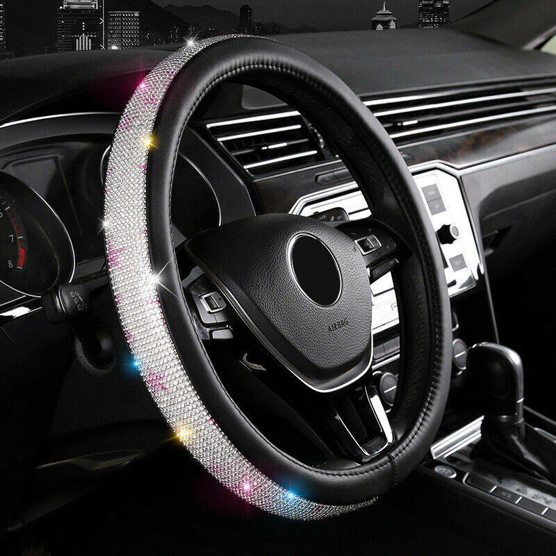 15" Car Steering Wheel Cover Rhinestone Shine Bling PU Leather Nonslip Universal