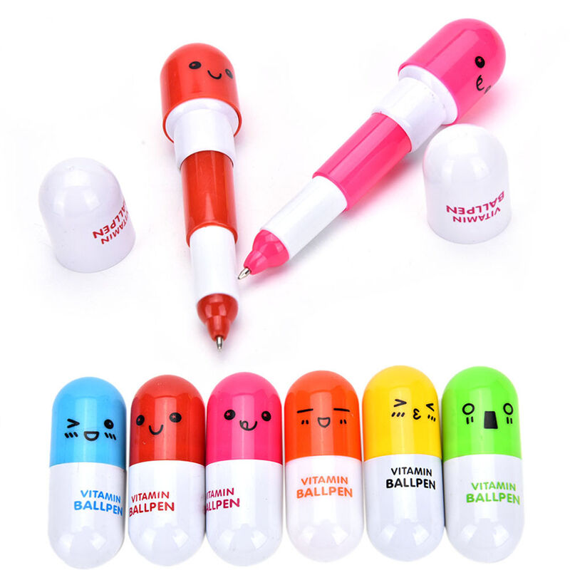 Smiling Face Pill Shape Ballpoint Pen Cute Cartoon Favor Retractable Ball .l8