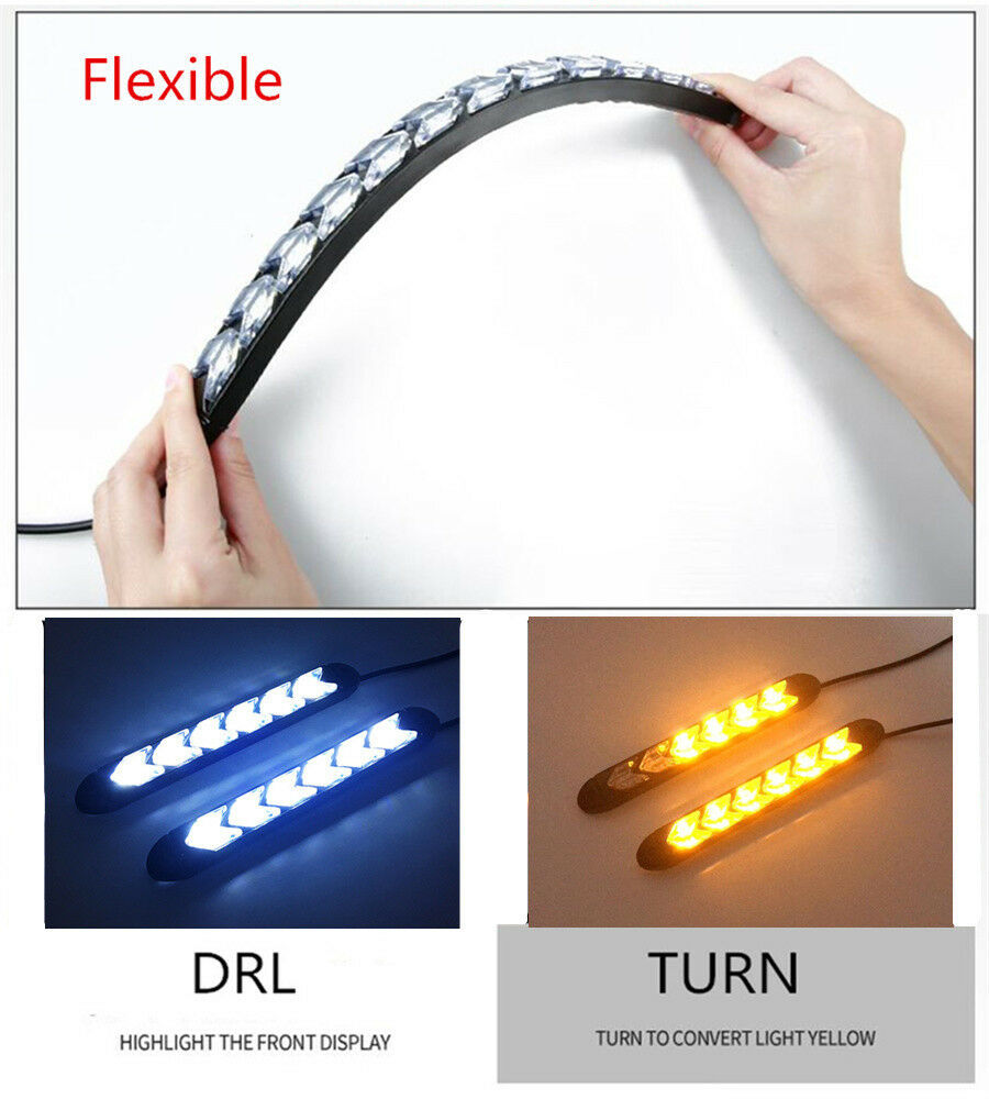 2x Car DRL White/Amber Switchback Flowing LED Headlight Flasher DRL Turn Signals