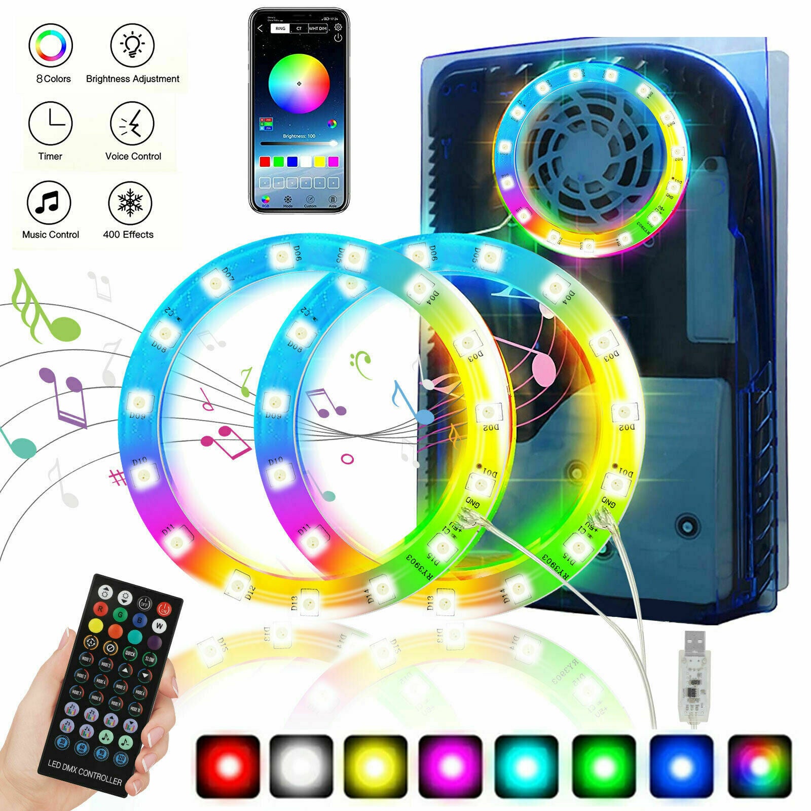 8 Colors LED Light Strip 5050 RGB Lights Sync Music 400 Effects for PS5 Console