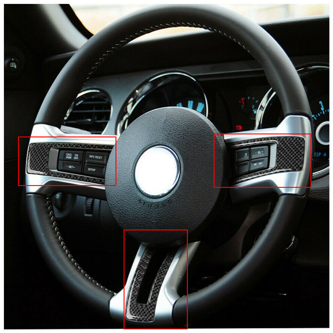 3pc Carbon Fiber Steering Wheel Button Trim Cover fit for Ford Mustang 2009-13