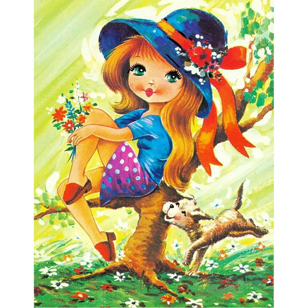 DIY Diamond Painting Kit Girl with Puppy Full Round Rhinestone Wall Picture @