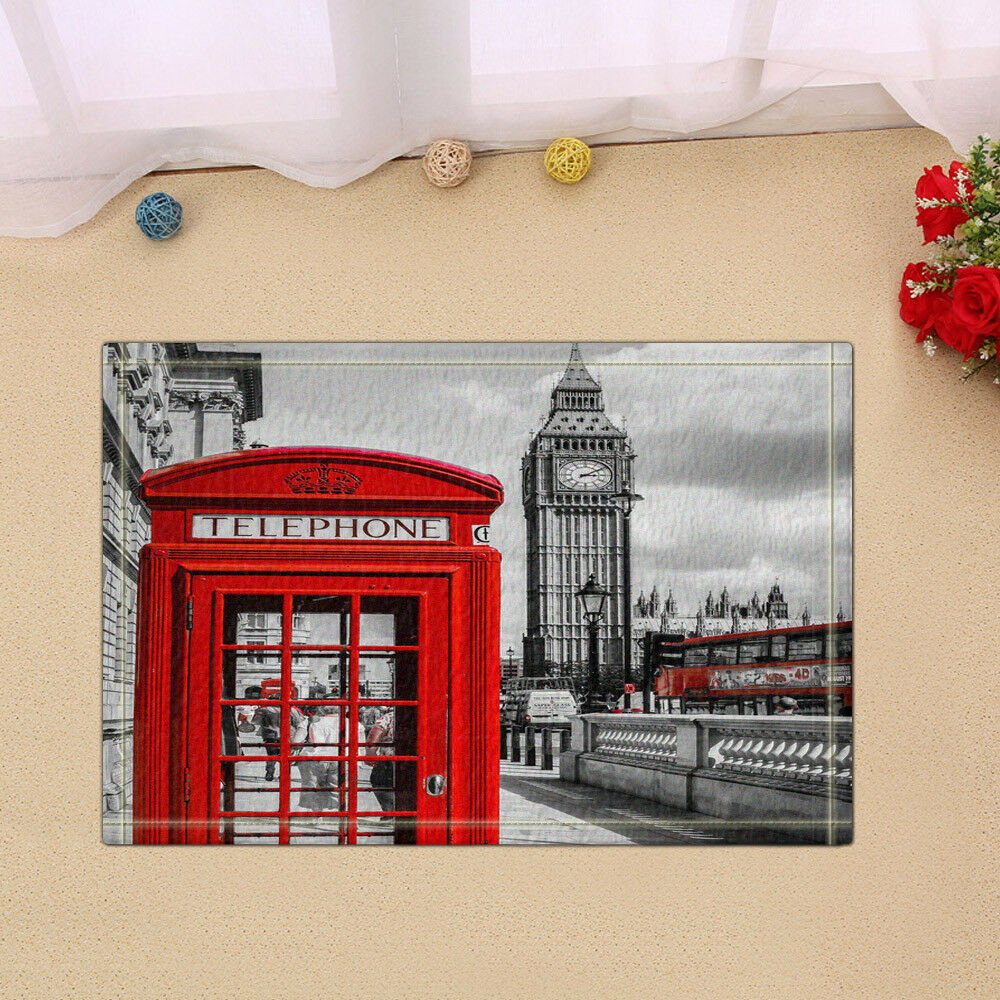 London Red Telephone Decor Plush Bathroom Rug Non-Slip Floor Door Mat 16x24"
