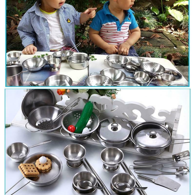25Pcs Stainless Steel Kids House Kitchen Toys Children Pretend Play Cookware Set