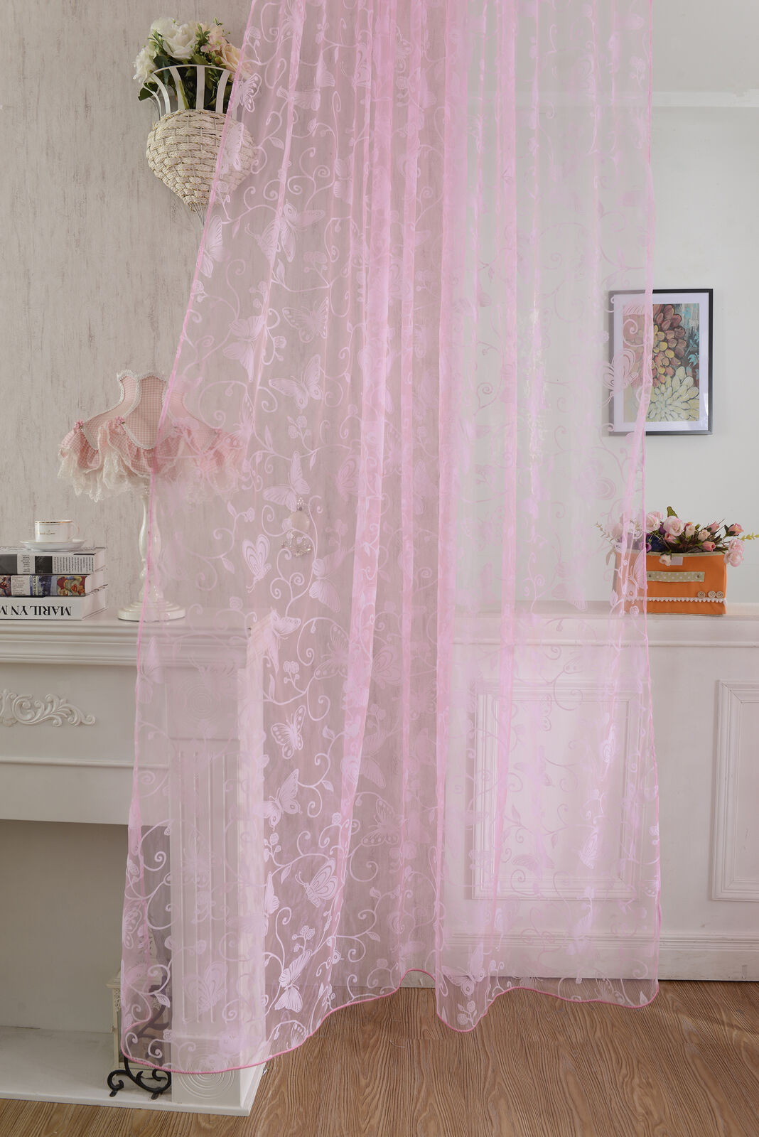 Floral & Butterfly Embroidered Sheer Curtains Rod Pocket Curtains for Girls Room