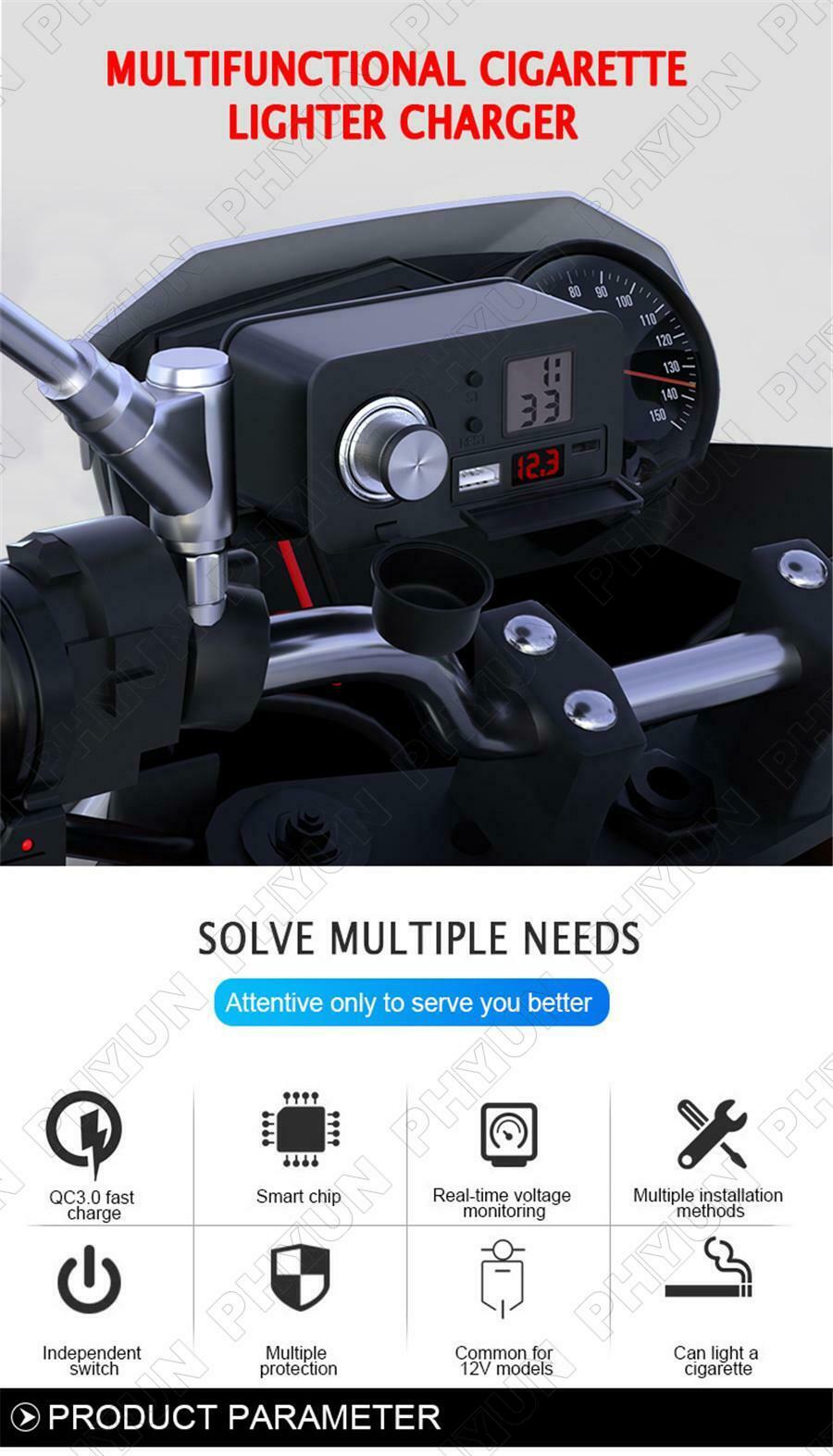 Motorcycle USB Phone Charger 12V PD Fast Charge Cigarette Lighter with Voltmeter