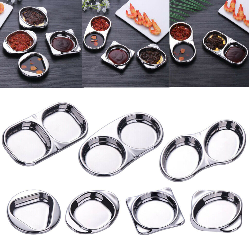 Stainless Steel Seasoning Dish Sauce Sugar Spice Dipping Bowl Double Square