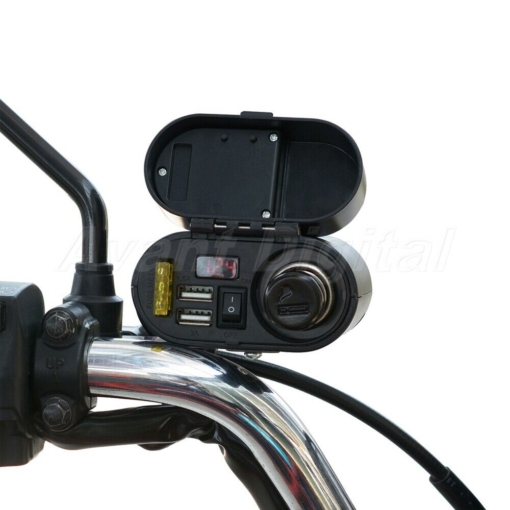 Motorcycle Cigarette Lighter Dual USB Charger Voltmeter Digital Clock Waterproof