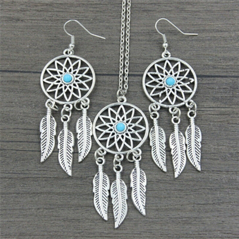 Bohemian Dreamcatcher Leaves Feather Pendant Necklace Earrings Jewelry .l8