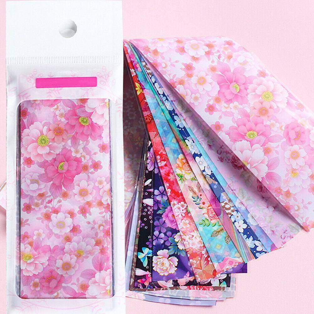10X Manicure Decals Flower Art Holographic Stickers Foil Nail Transfer Decor