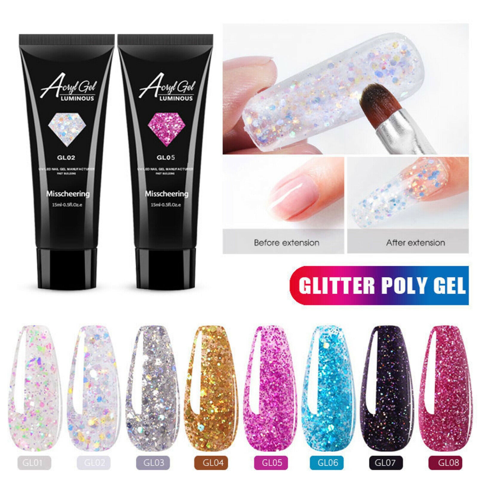 8 Colors sequins poly nail extension gel set & 8pcs Manicure pedicure tools kits