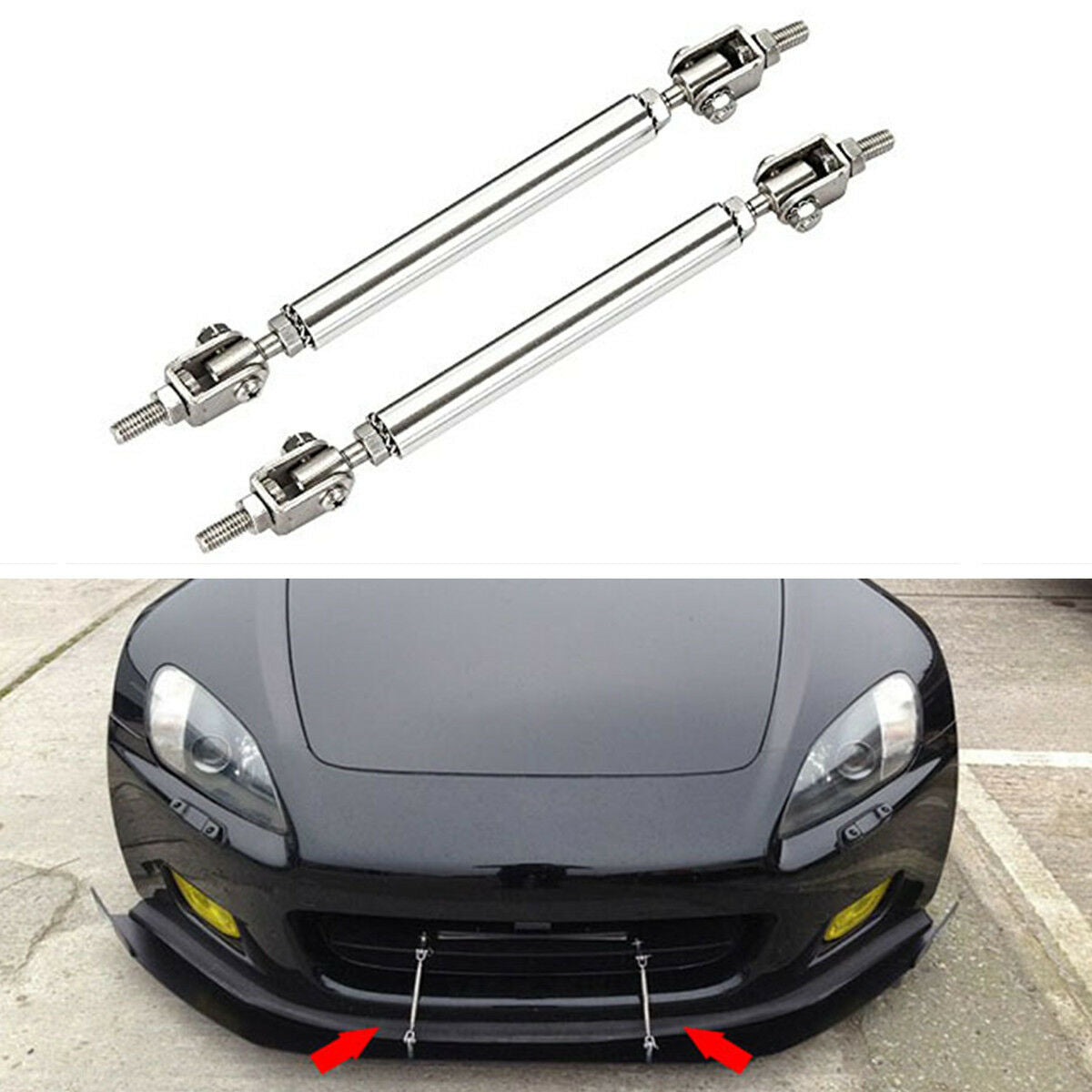 2Pc Adjustable Front Rear Bumper Lip Splitter Diffuser Strut Rod Tie Support Bar