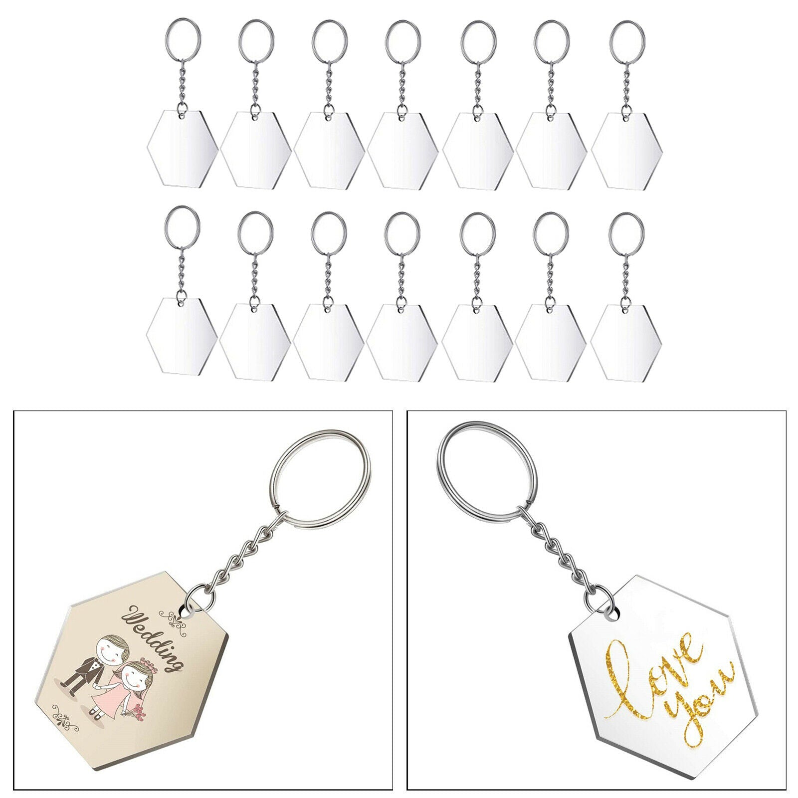 24pcs Transparent Hexagon Acrylic Key Chains Keychains Blanks Discs Keyrings