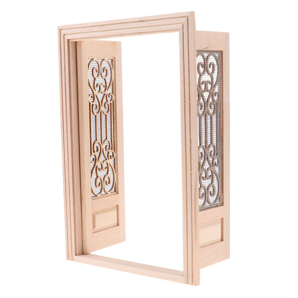 12th Mini Exquisite DIY Unpainted External Wooden Double Door Furniture Accs