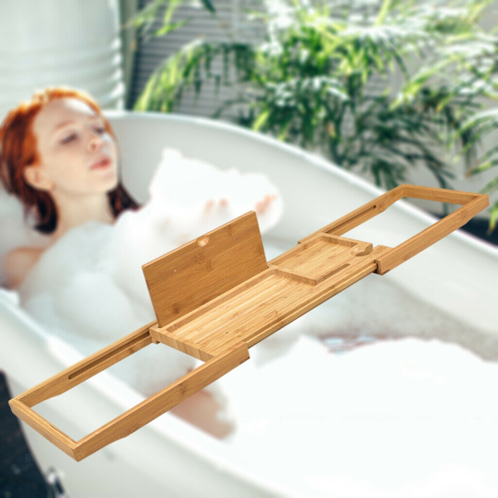 Wooden Bath Caddy Tray Bamboo Bathtub Book Wine Tablet Holder Adjustable