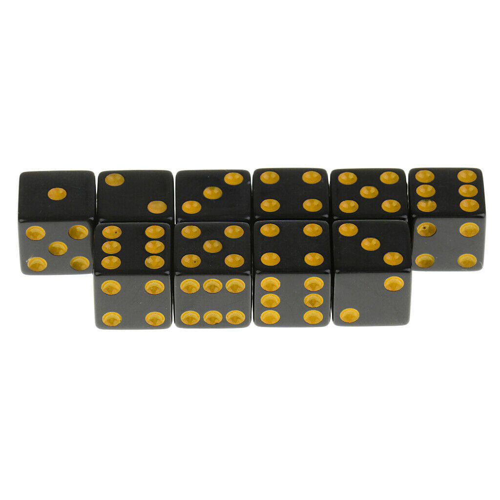 Set of 10 Six Sided Opaque D6 16mm Standard Dice Die Black with Yellow Pips