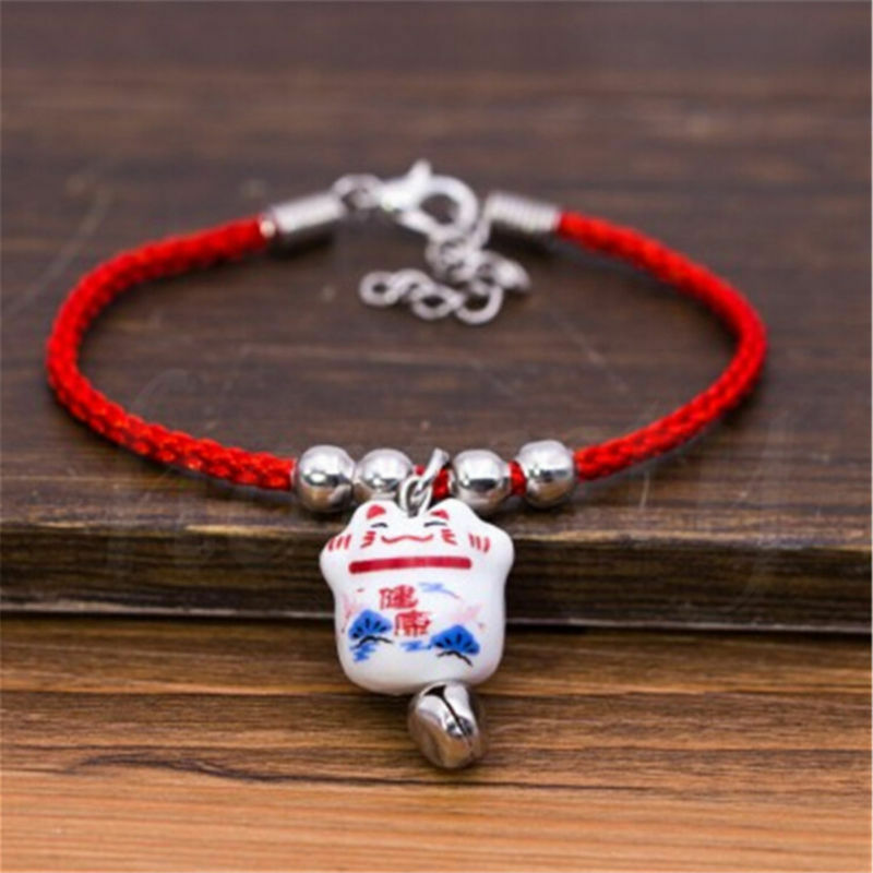 10PCS Lucky Ceramic Fortune Cat Red Rope Bracelet Pendant Fengshui Blessing Gift