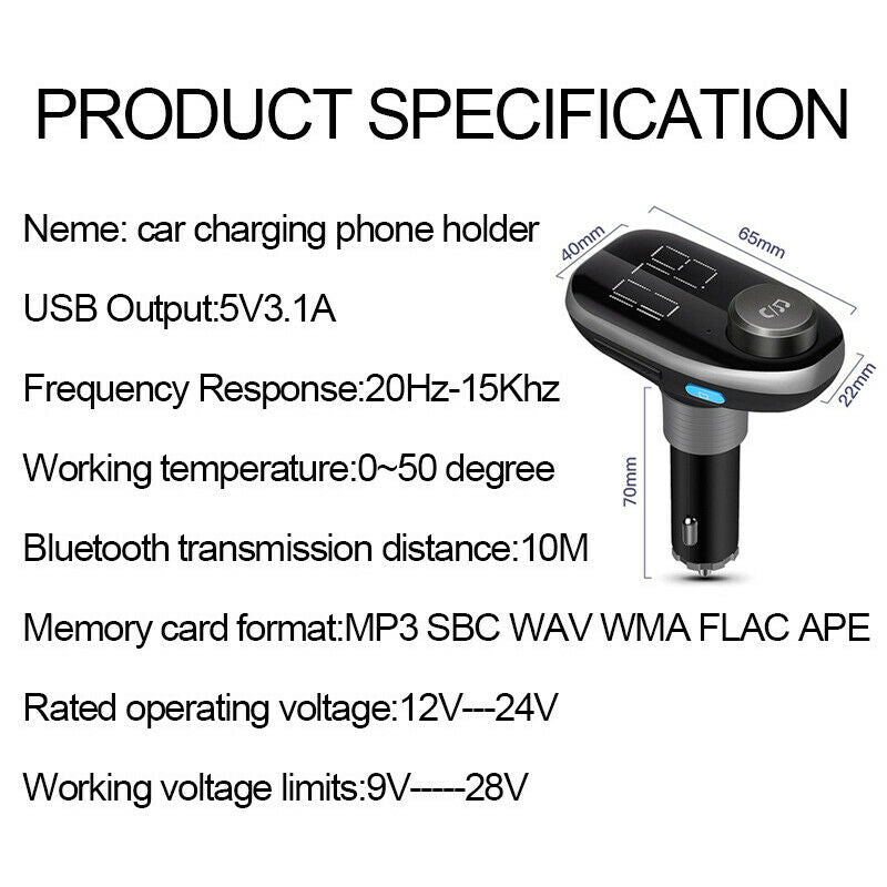 9V-28V Car Bluetooth MP3 Hands-free Player FM Transmitter EQ Bass QC3.0 Charger