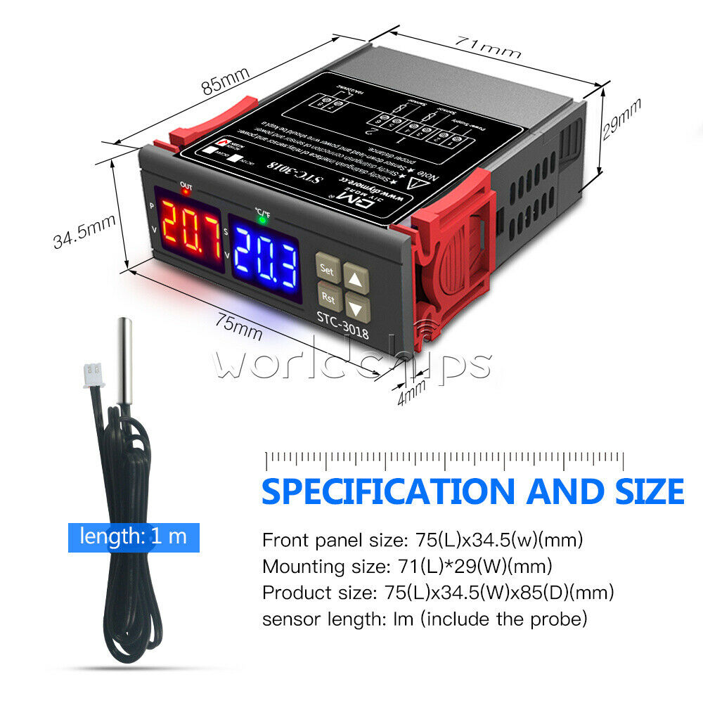 AC 110-220V Digital Temperature Controller Thermostat NTC Sensor Probe STC-3018