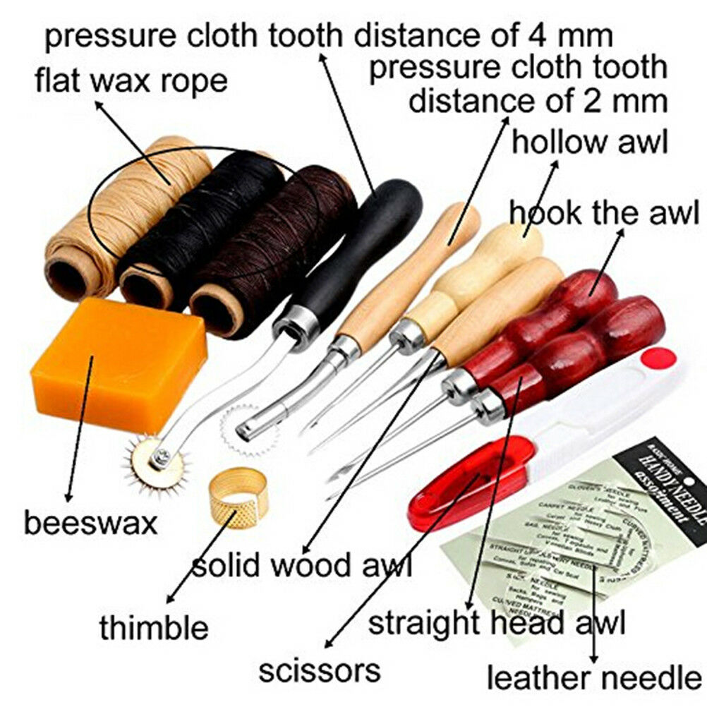 13Pcs Leather Craft Hand Stitching Sewing Tool Thread Awl Waxed Thimble Kit DD