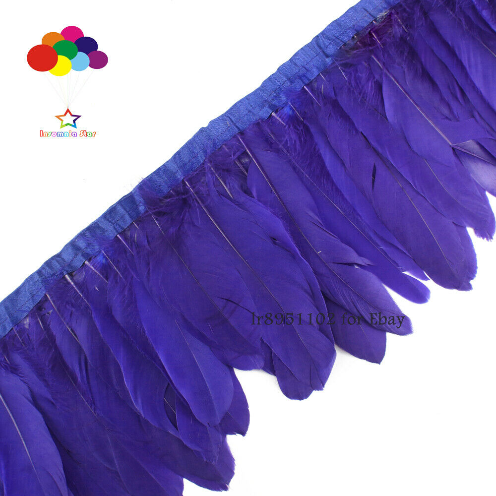 2 Meter geese feather fringe bleached Navy Goose Feather Trims with Satin Ribbon