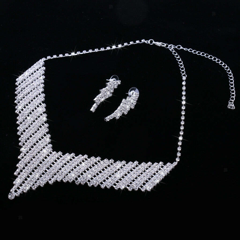 Elegant Crystal Rhinestone Statement Necklace Earring Wedding Jewelry Set