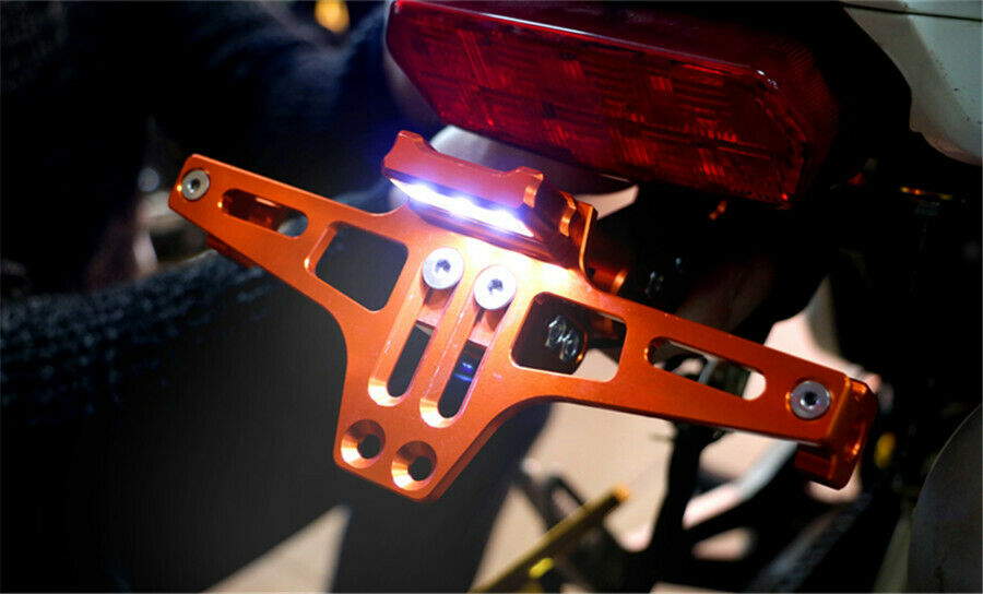 Motorcycle License Number Plate Frame Holder LED White Light Adjustable Bracket