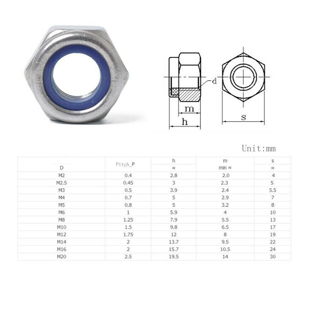 Set Of 60 Stainless Steel M3 M4 M5 M6 M8 M10 Nylock Insert Lock Hex Nuts