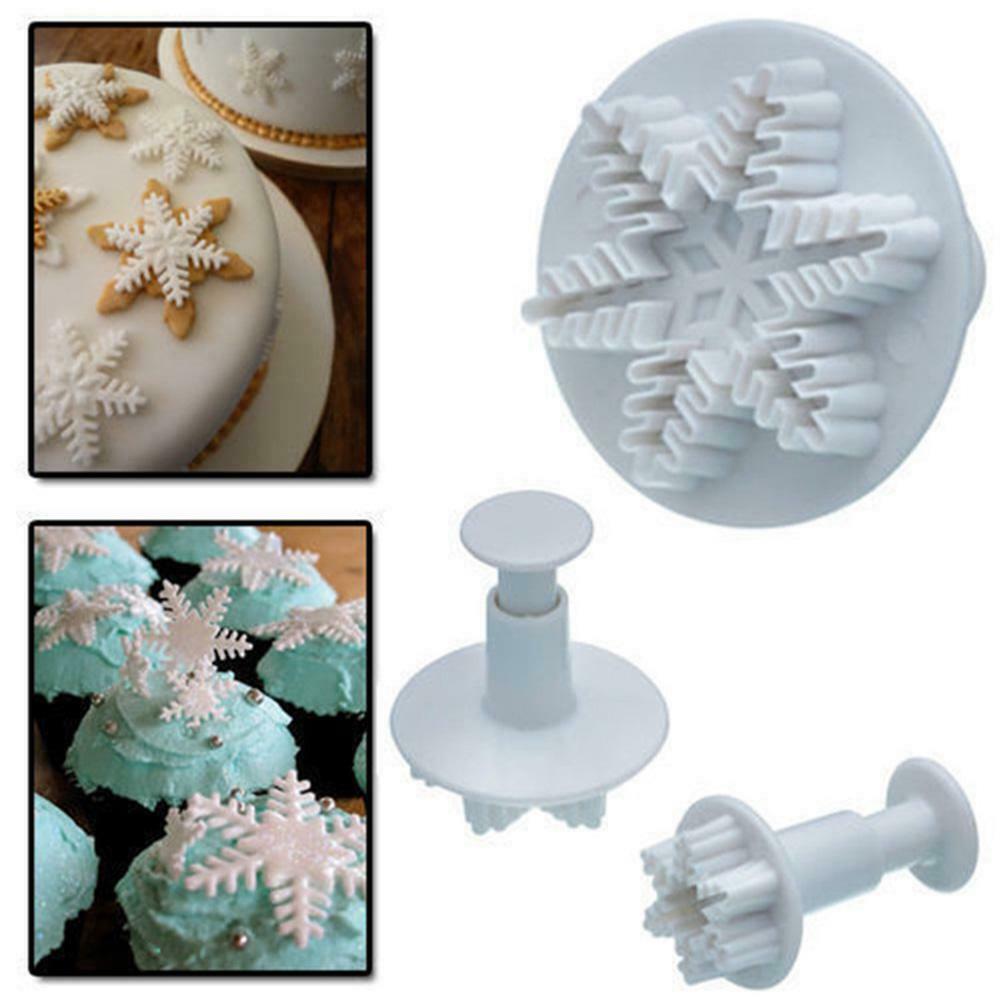 3pcs Snowflake Embossed Mould Fondant Cake Decoration Mold DIY Baking Tools @