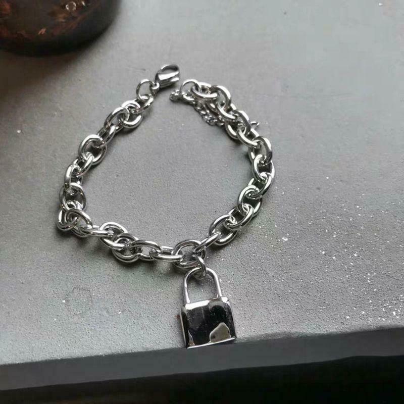 Punk Stainelss Steel Lock Pendant Bracelet Wristband Chunky Link Chain Bangles