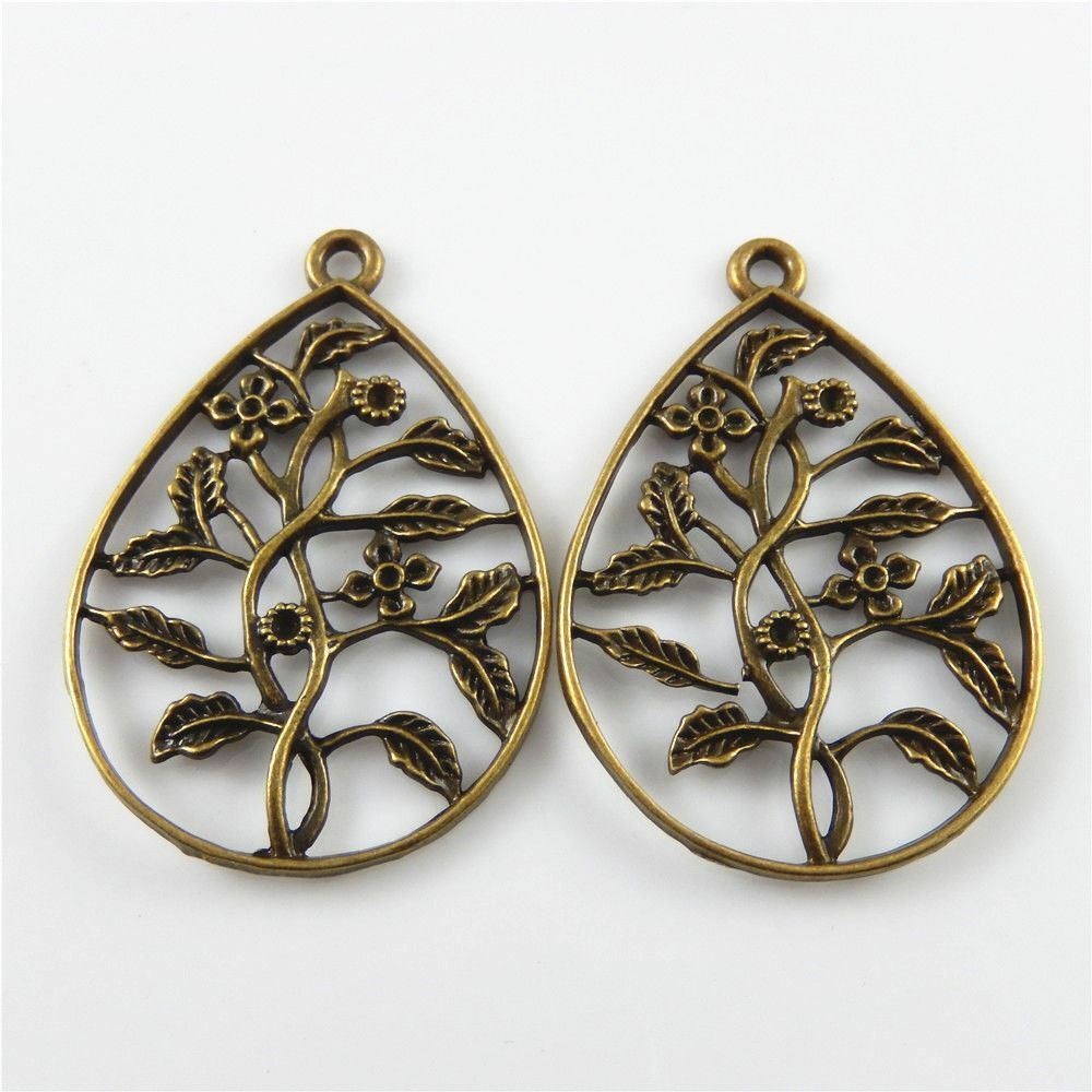 5-pack Retro Bronze Alloy Teardrop Pendant Hollowed Flower Branch Charm 54x41mm