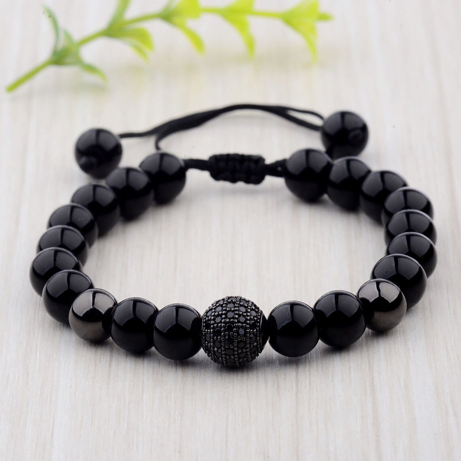 Charm Men's Zircon Micro Pave Black Natural Stones Round Beaded Bracelets new