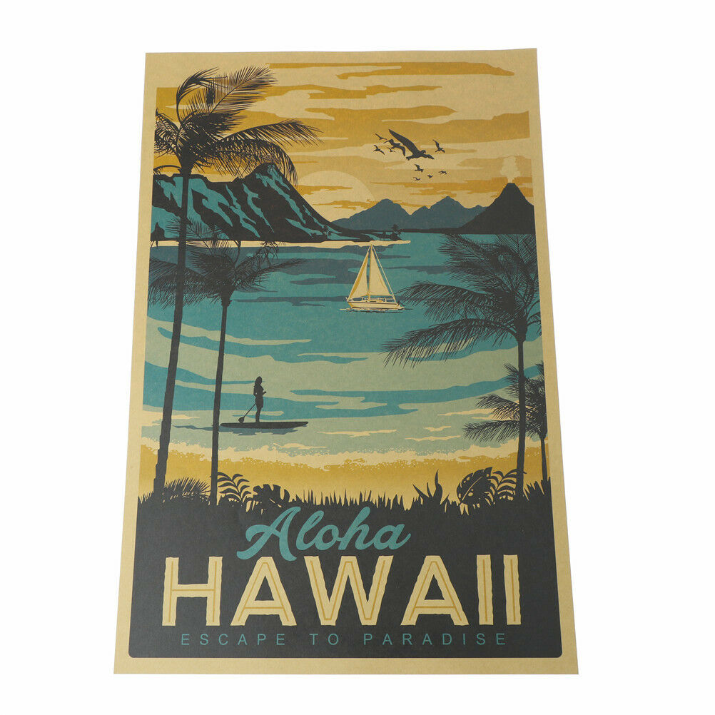 retro hawaii poster office kraft paper bar home decor painting wall stick.l8