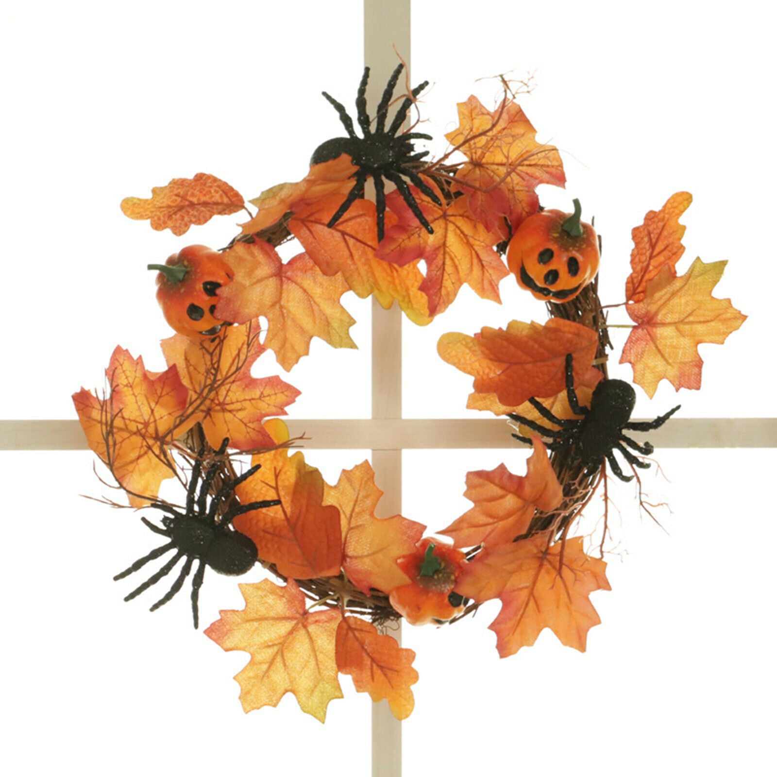 Round Autumn Maple Leaf Wreath Pumpkin Wreath Halloween Thanksgiving Decor