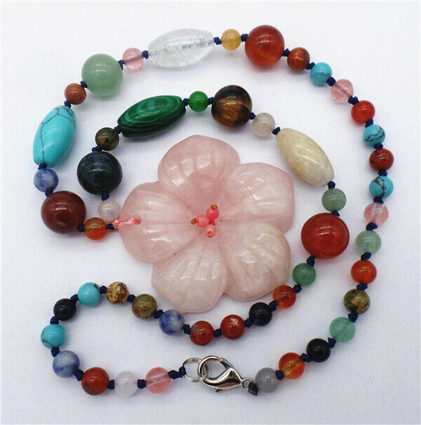 1 Strand 50x8mm Natural Rose Quartz Flower Pendant Mixed Beaded Necklace HH7345