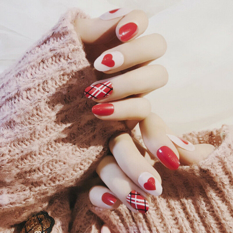 red heart acrylic nail tips short false nails art fingernails 24pcs/set JcJ.DD