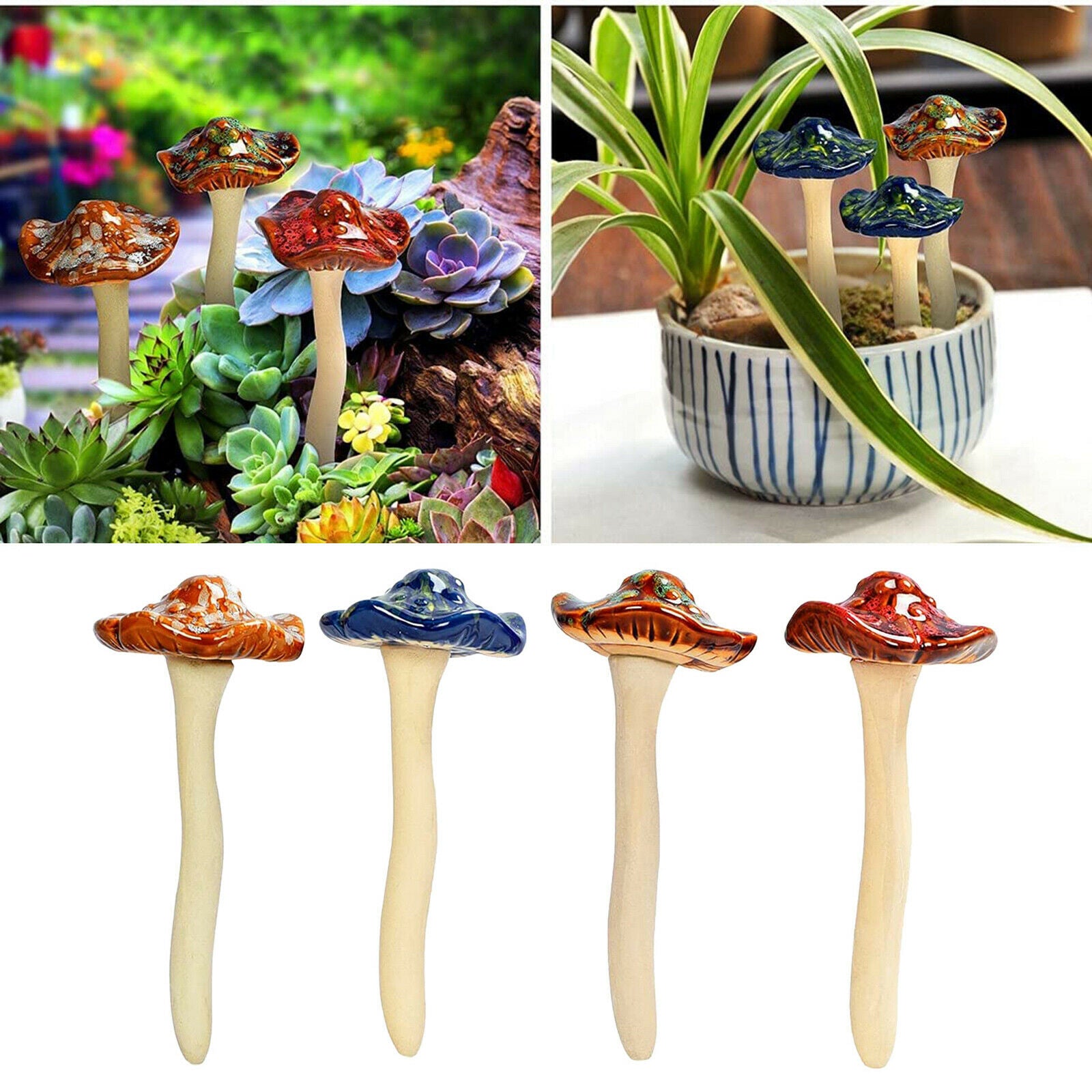 4PCS Lifelike Ceramic Mushrooms Garden Decor Plug for Fairy Garden Yard Lawn