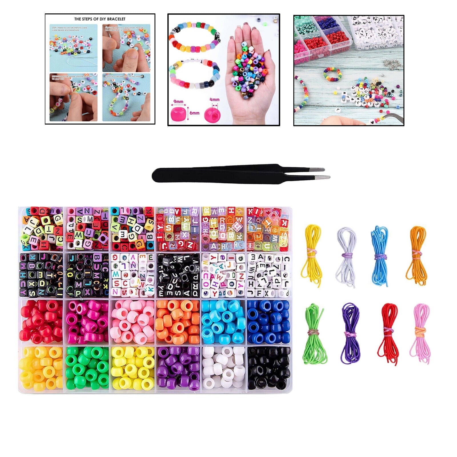 6 x 9mm 360pcs Pony Beads + Acrylic 600x Alphabet Beads Letter Beads for DIY