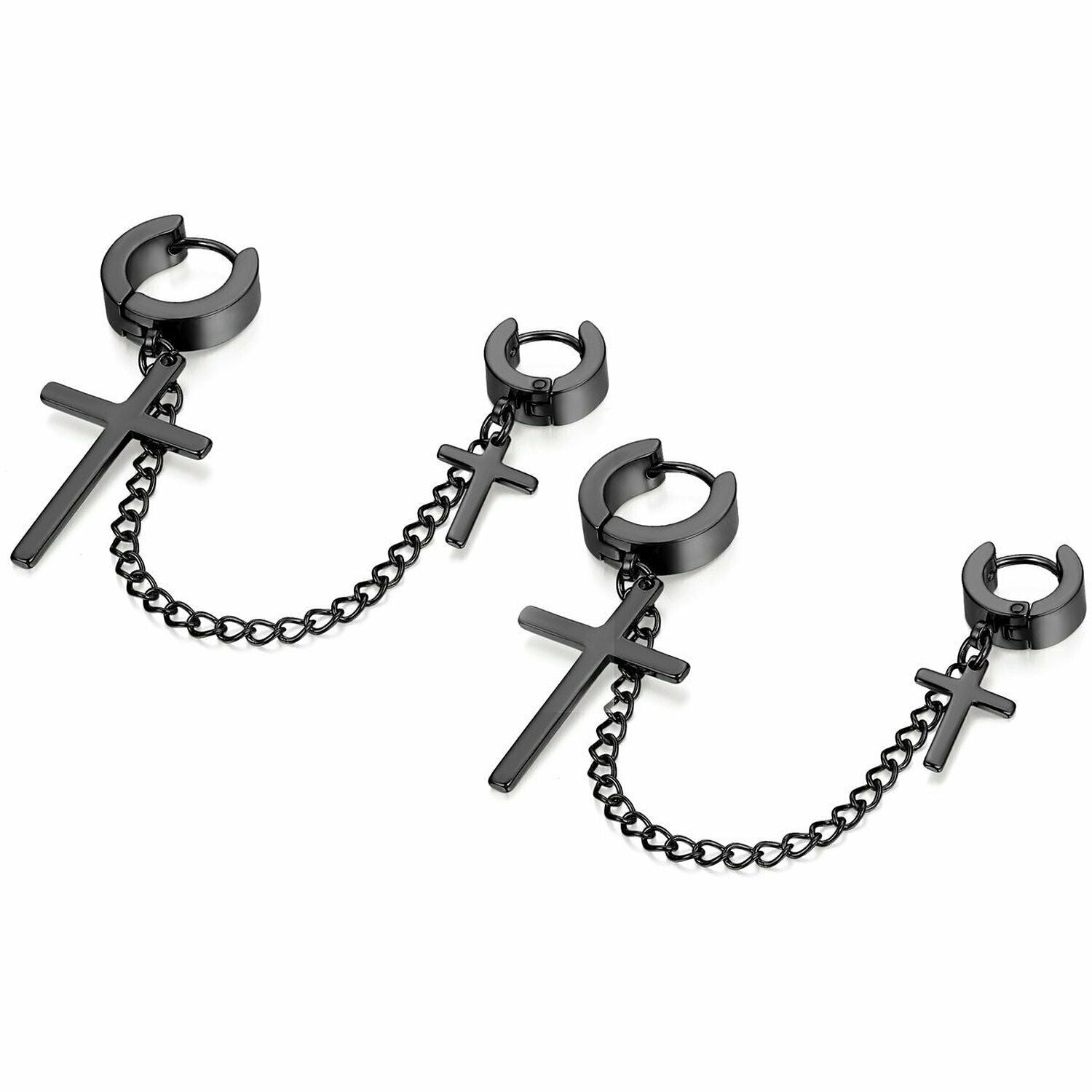 2pcs Stainless Steel Double Cross Dangle Chain Men's Hoop Earrings Black