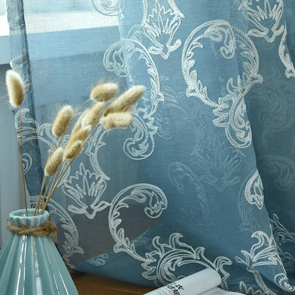 Embroidery Blue Voile Curtain Gauze Drapery 1x2.5m Rod Pocket 39 Inch Wide by 98