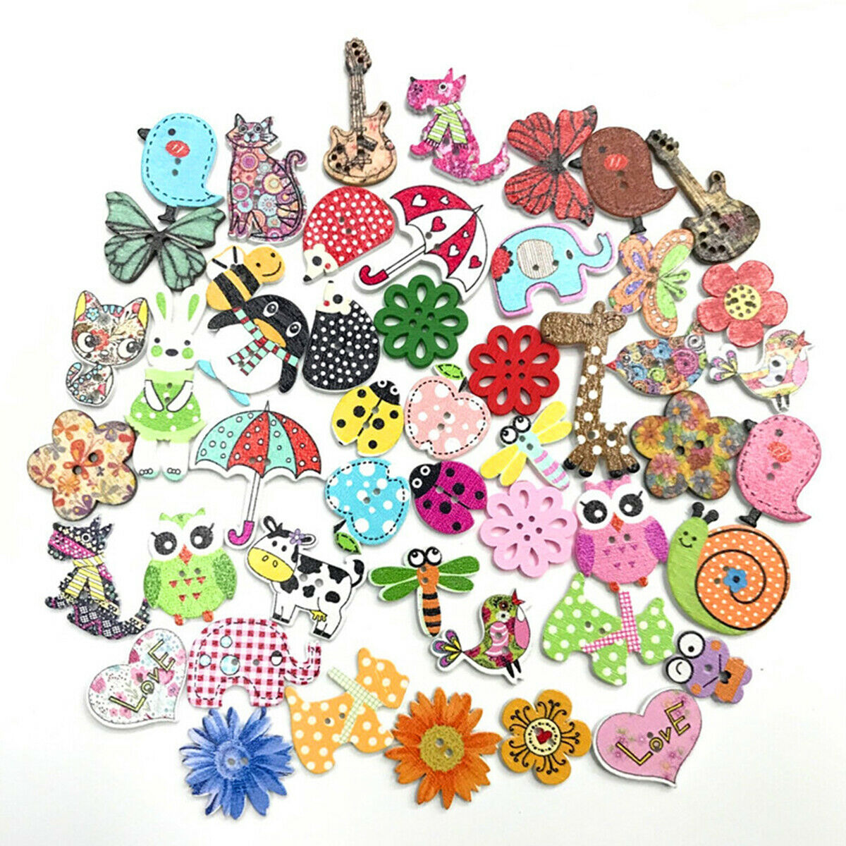 50pcs Mixed Color Wooden Cartoon Animal Buttons 2 Holes Sewing Button Craft DIY