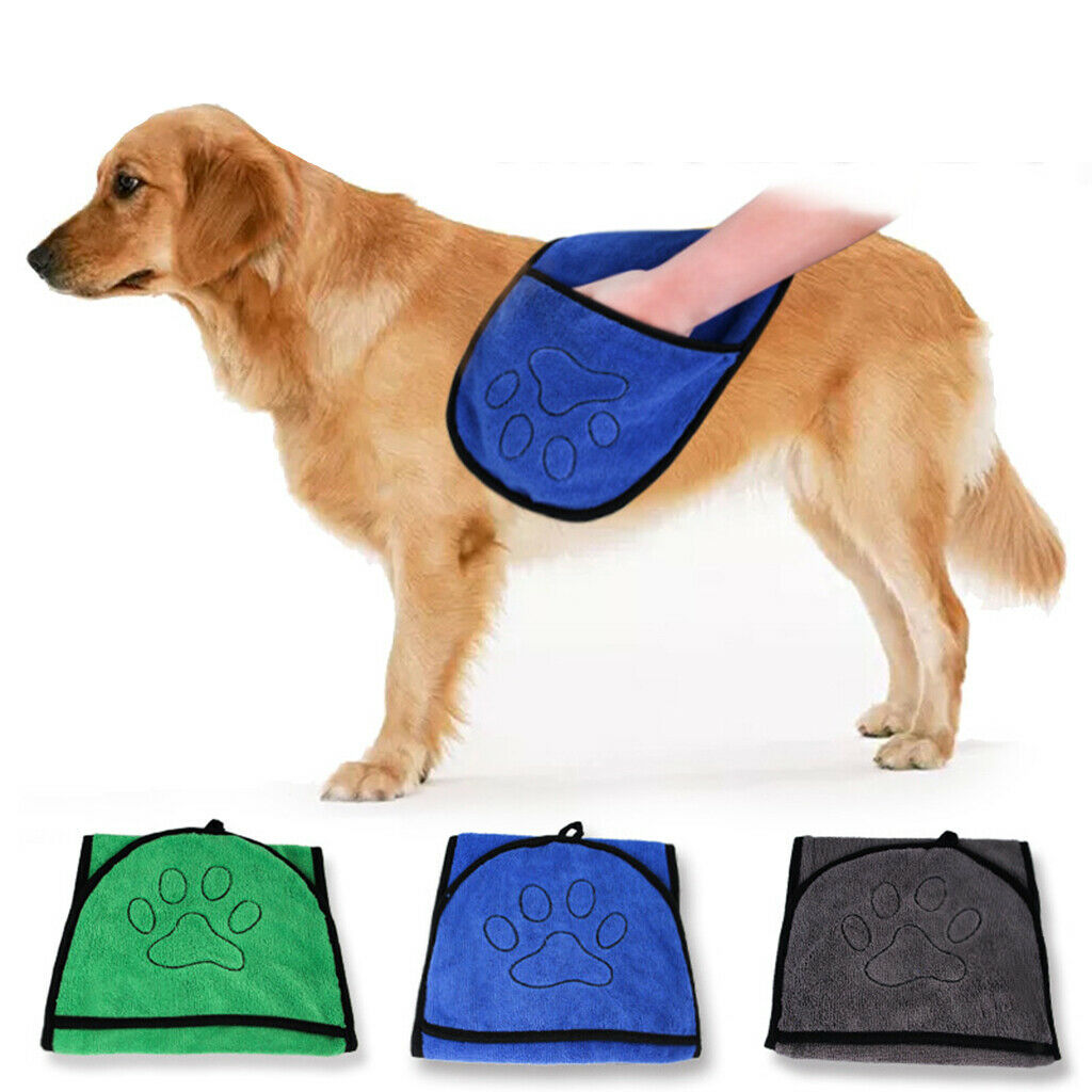 Absorbent dog dry towel made of microfiber with handbags, blue