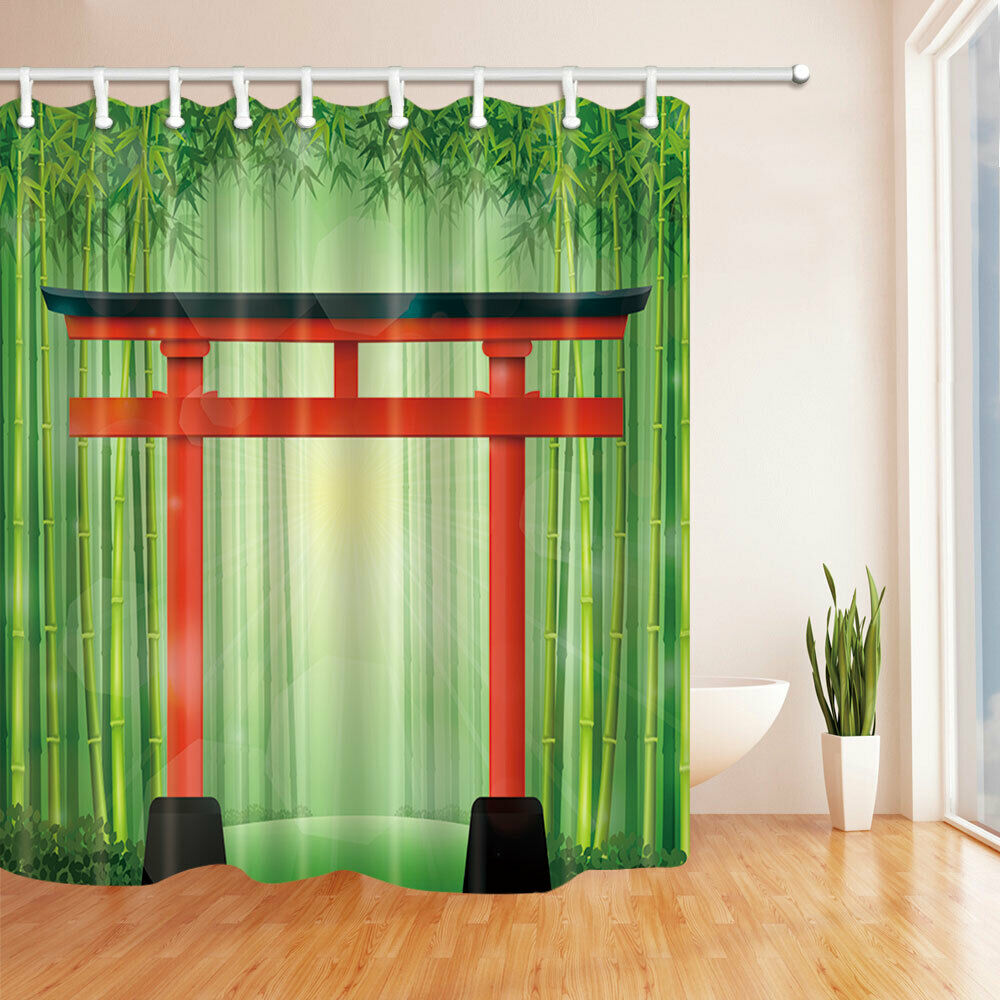 Japanese Bamboo Forest Shrine Fabric Bathroom Shower Curtains & Hooks 71x71"