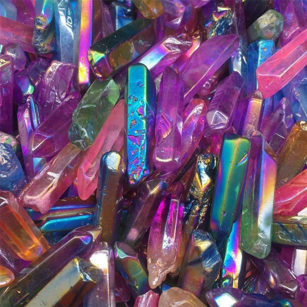 Lot Large Titanium Rainbow Aura Lemurian Quartz Crystal Point Healing 100g UK